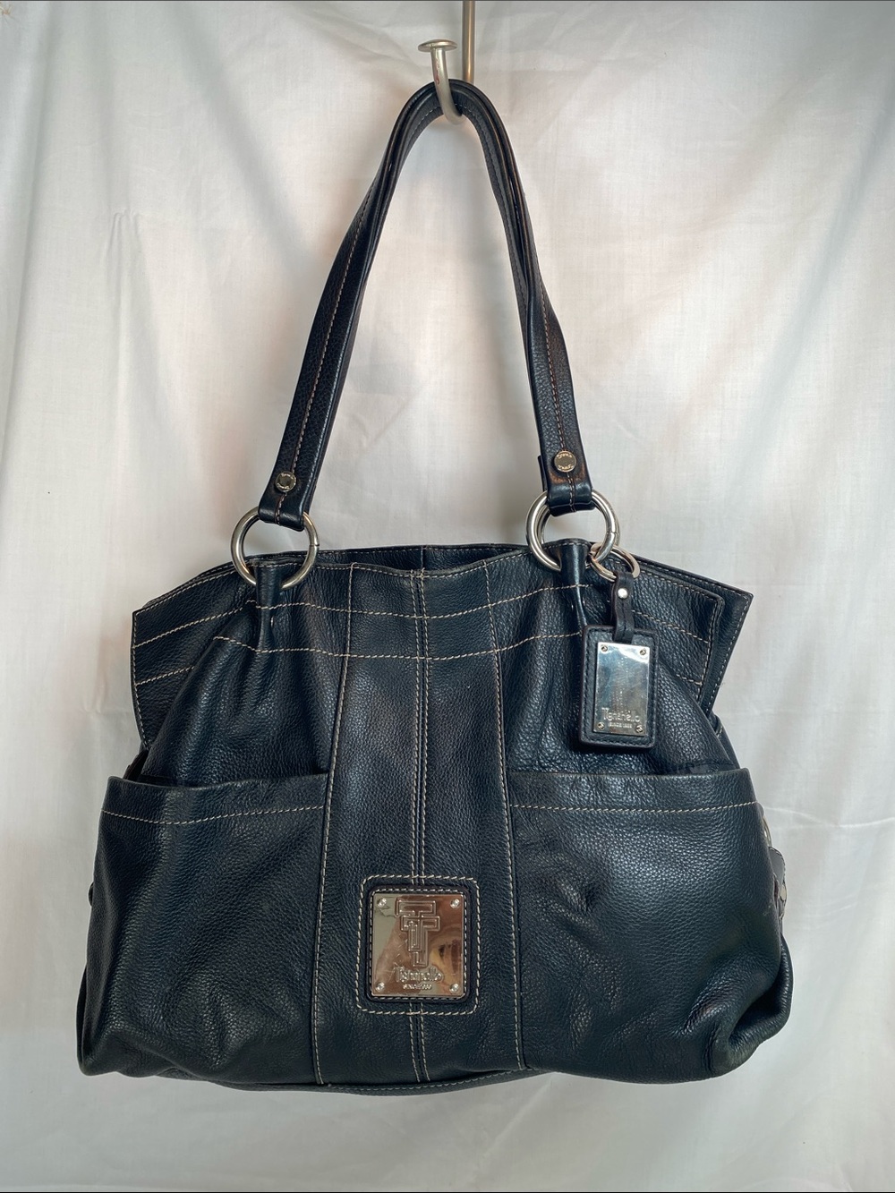 Tignanello Black Leather Shoulder Bag with Silver Hardware